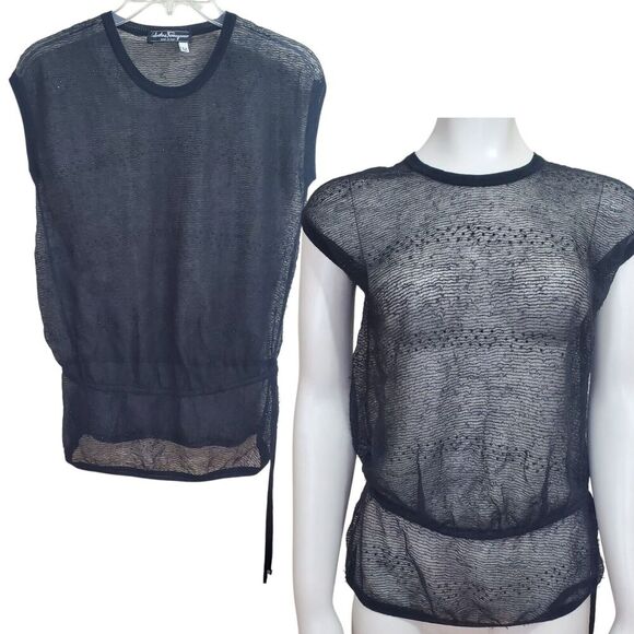 Salvatore Ferragamo Sheer Sparkle Beaded Top Sz M Sweater Drawstring Waist READ - Picture 1 of 15